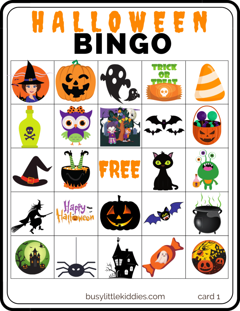 Halloween Bingo Free Printable with Pictures 4 players - Busy Little