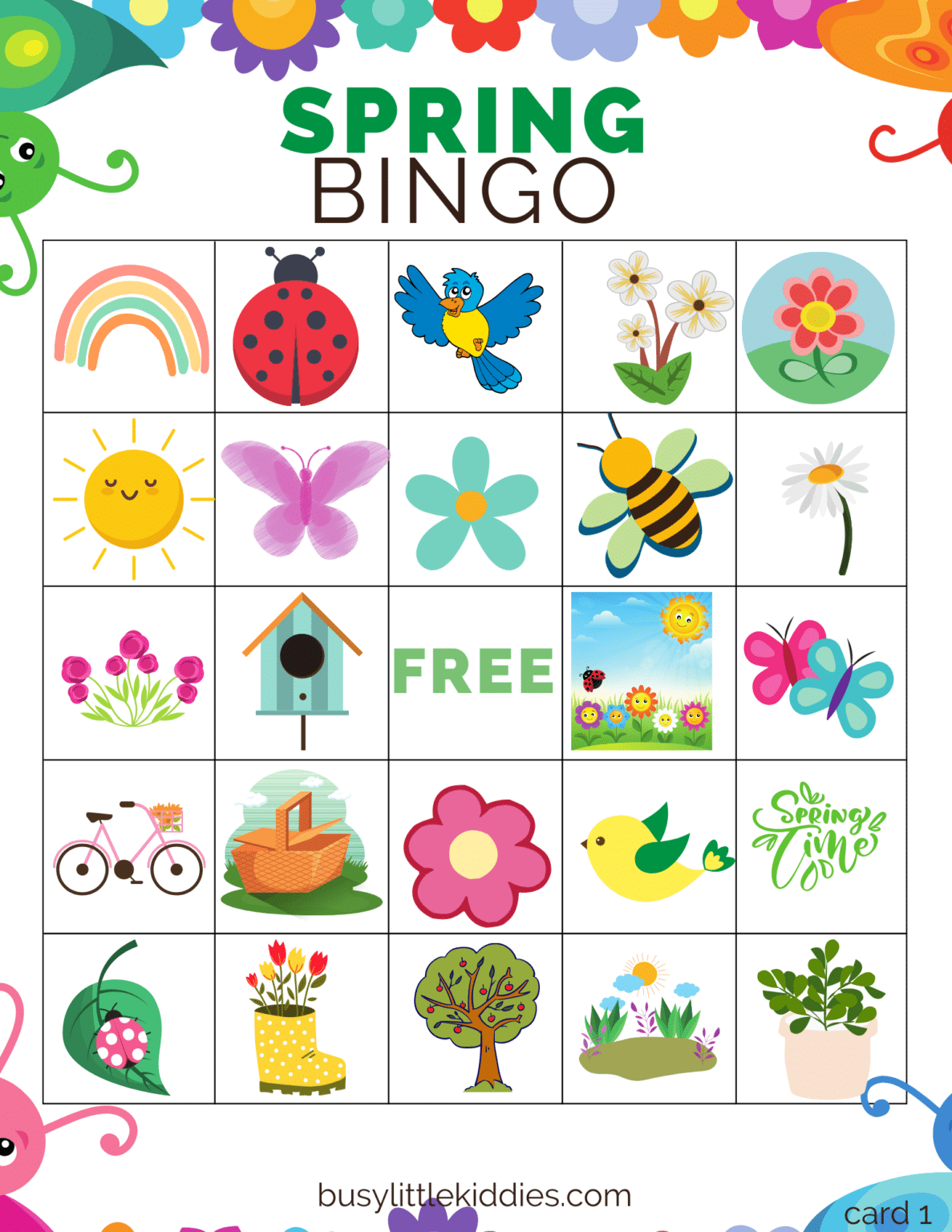Spring Bingo Free Printable for Kids 4 Players - Busy Little Kiddies (BLK)